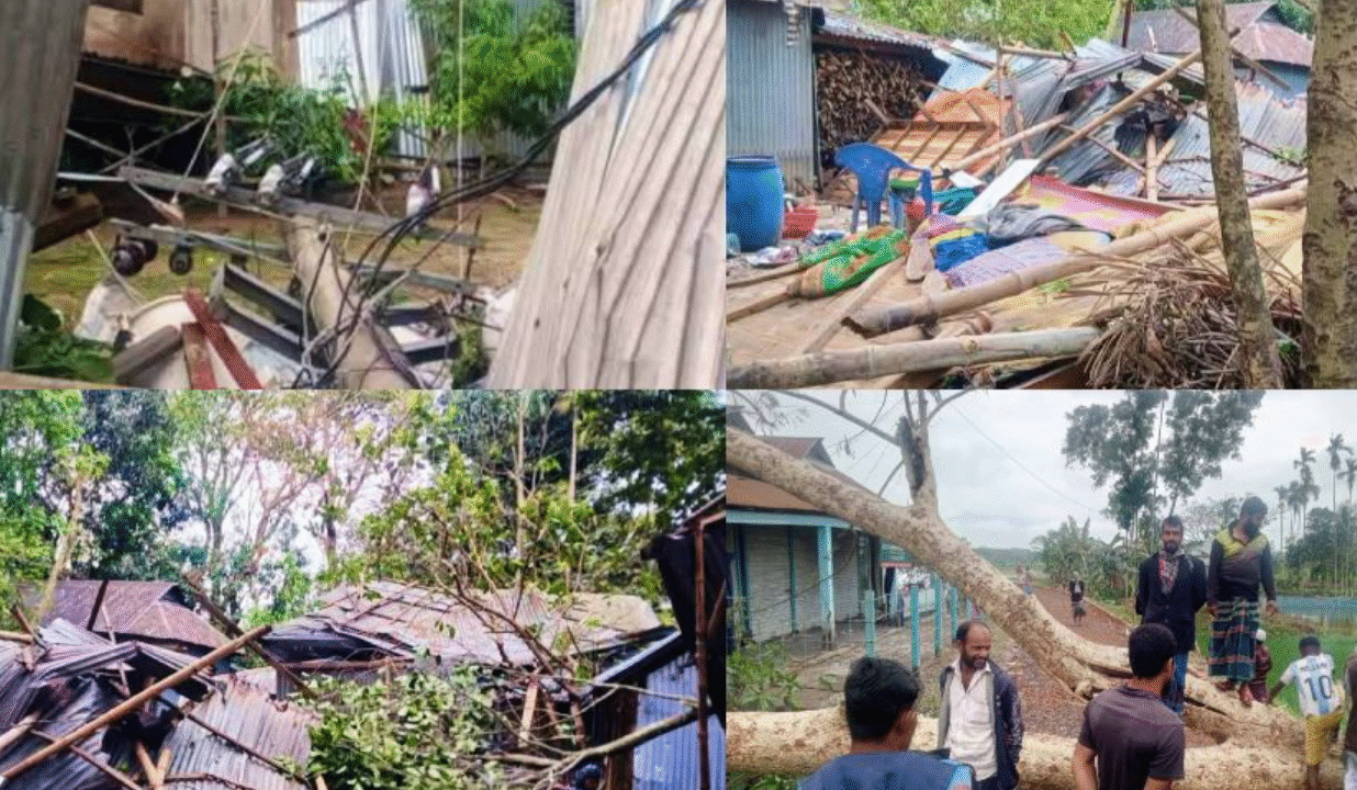 নেত্রকোনায় শিলাবৃষ্টি ও ঝড়ের তাণ্ডবে লন্ডভন্ড ঘরবাড়ি